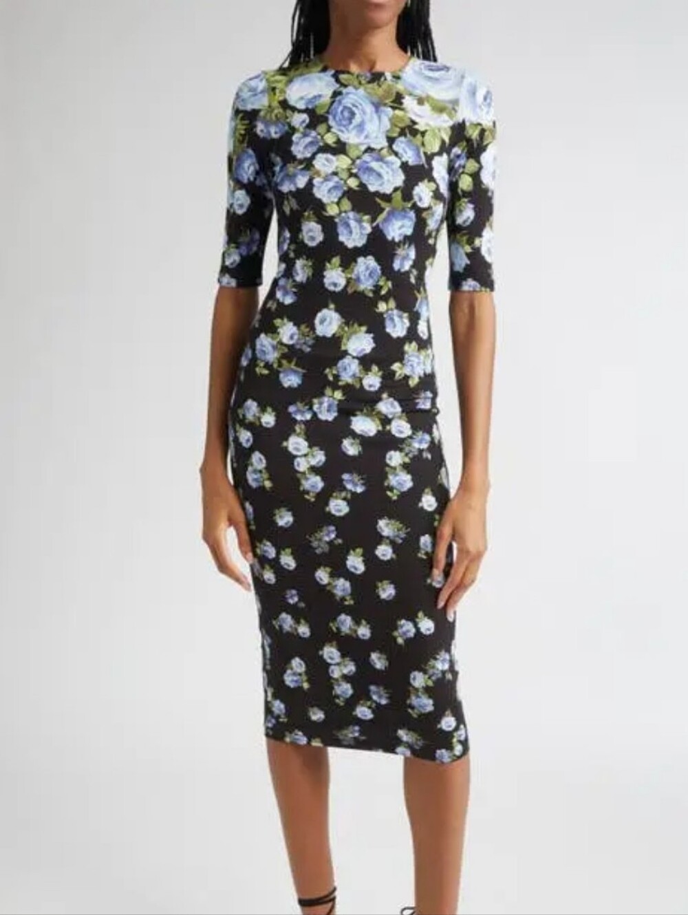 NWT Alice + Olivia Delora Jersey Black Midi Dress Light Blue Floral Print 0